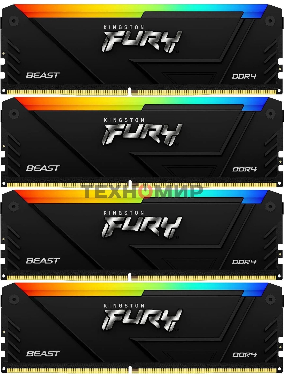 Оперативная память Kingston Fury Beast, DDR4, 32GB (4x8GB), 3200MHz, CL16, DIMM, с радиатором, RGB, черный