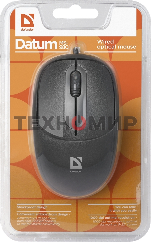 Мышь проводная Defender Datum MS-980 черный, 1000 dpi, USB, кнопки - 3