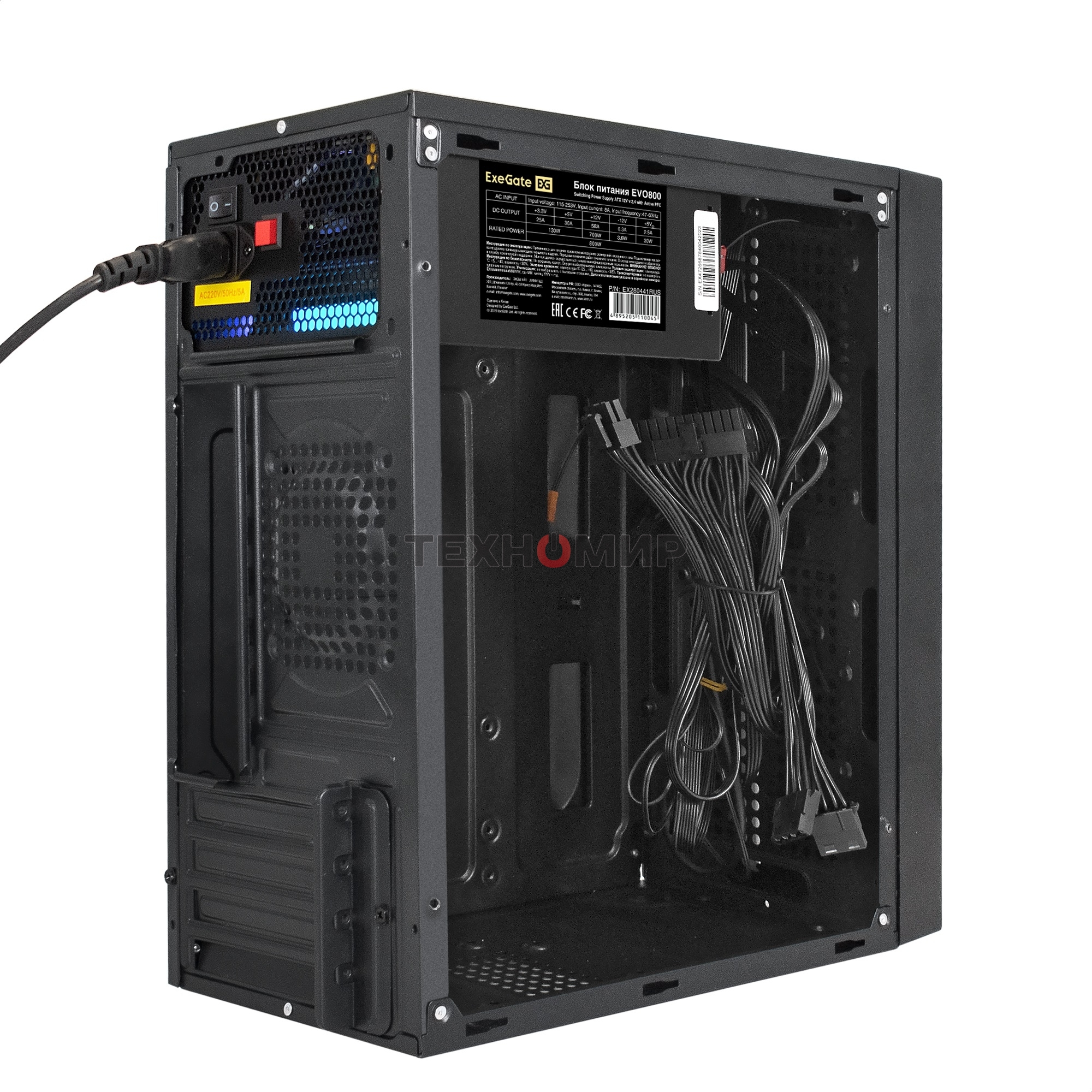 Компьютерный корпус Minitower ExeGate mEVO-9301-EVO800 (mATX, БП EVO800RGb с вент. 12см, с окном, 2хUSB+1хUSB 3.0, HD аудио, черный, с RGb подсветкой)