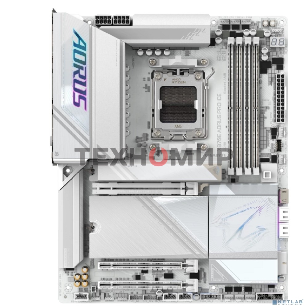 Материнская плата Gigabyte X870E AORUS PRO ICE, AM5, AMD X870E, 4xDDR5, 4xSATA, 4xM.2, 1xPCI-E 5.0 x16, 1xPCI-E 4.0 x4, 1xPCI-E 3.0 x4, 1xHDMI, 2xUSB-C, 1x 2.5Gb LAN, 2xUSB-A 3.2 Gen 2, 3xUSB-A 3.2 Gen 1, 2xUSB-A 2.0, 2x3.5 мм, TOSLINK, 7.1, 2xUSB4, 4xUSB