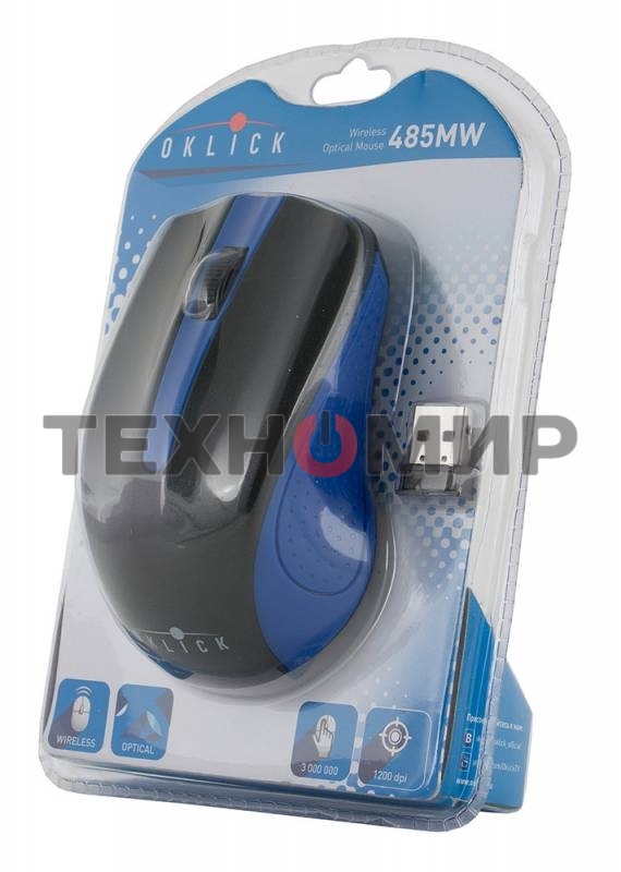 Мышь беспроводная Oklick 485MW черный/синий, 1200 dpi, радиоканал, USB, кнопки - 3
