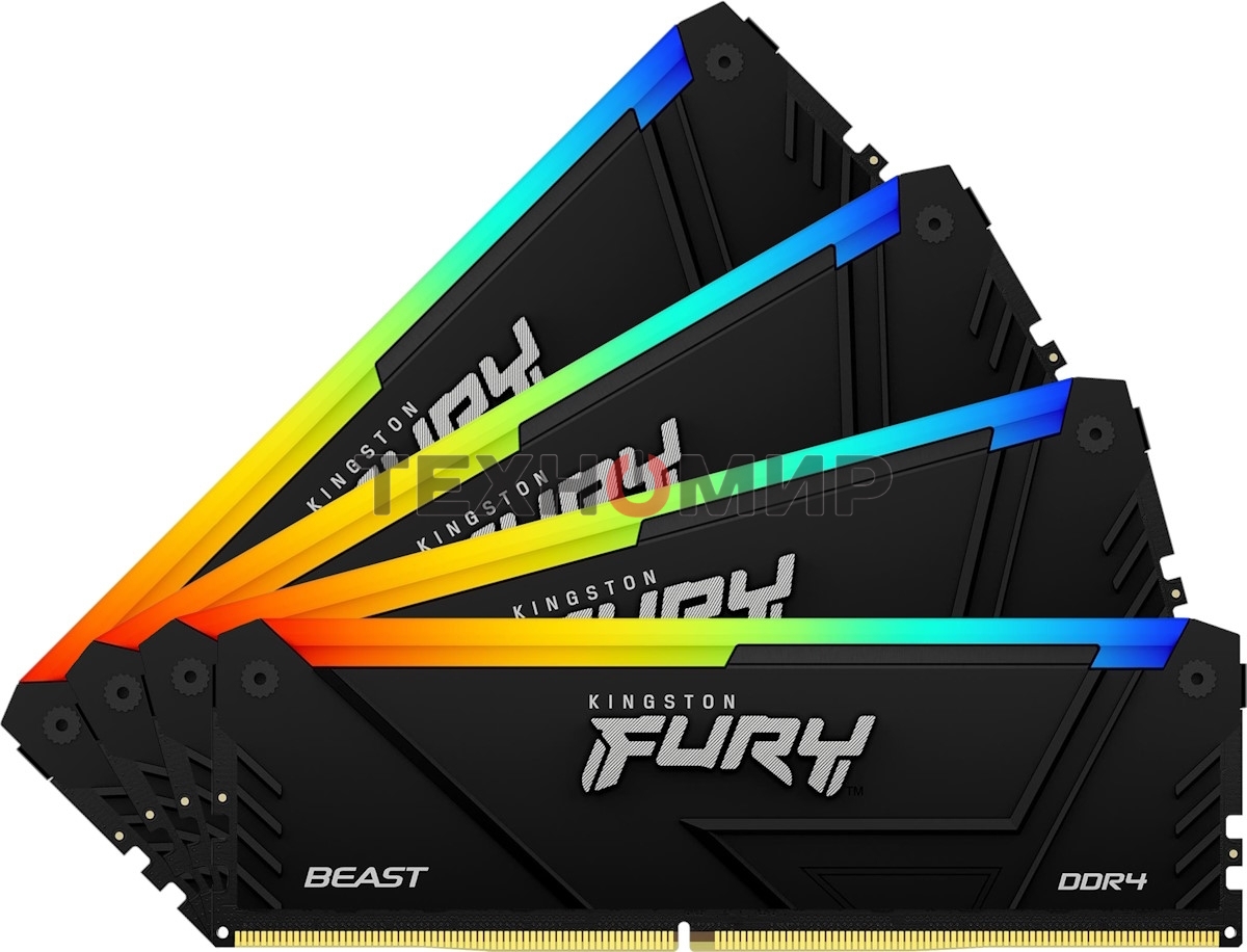 Оперативная память Kingston Fury Beast, DDR4, 32GB (4x8GB), 3200MHz, CL16, DIMM, с радиатором, RGB, черный