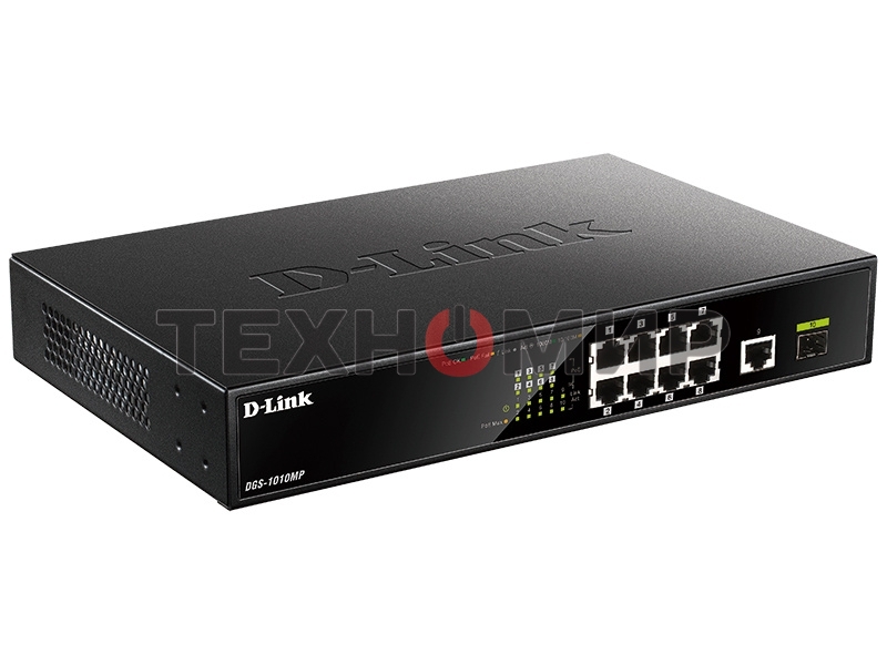 Коммутатор D-Link DGS-1010MP/A1A, L2 Unmanaged Switch with 9 10/100/1000Base-T portsand 1 1000Base-X SFPports(8 PoE ports 802.3af/802.3at (30 W), PoE Budget 125 W)