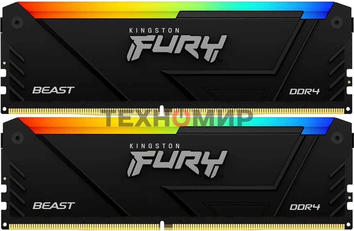 Оперативная память Kingston Fury Beast, DDR4, 16GB (2x8GB), 3600MHz, CL17, DIMM, с радиаторами, RGB, черный