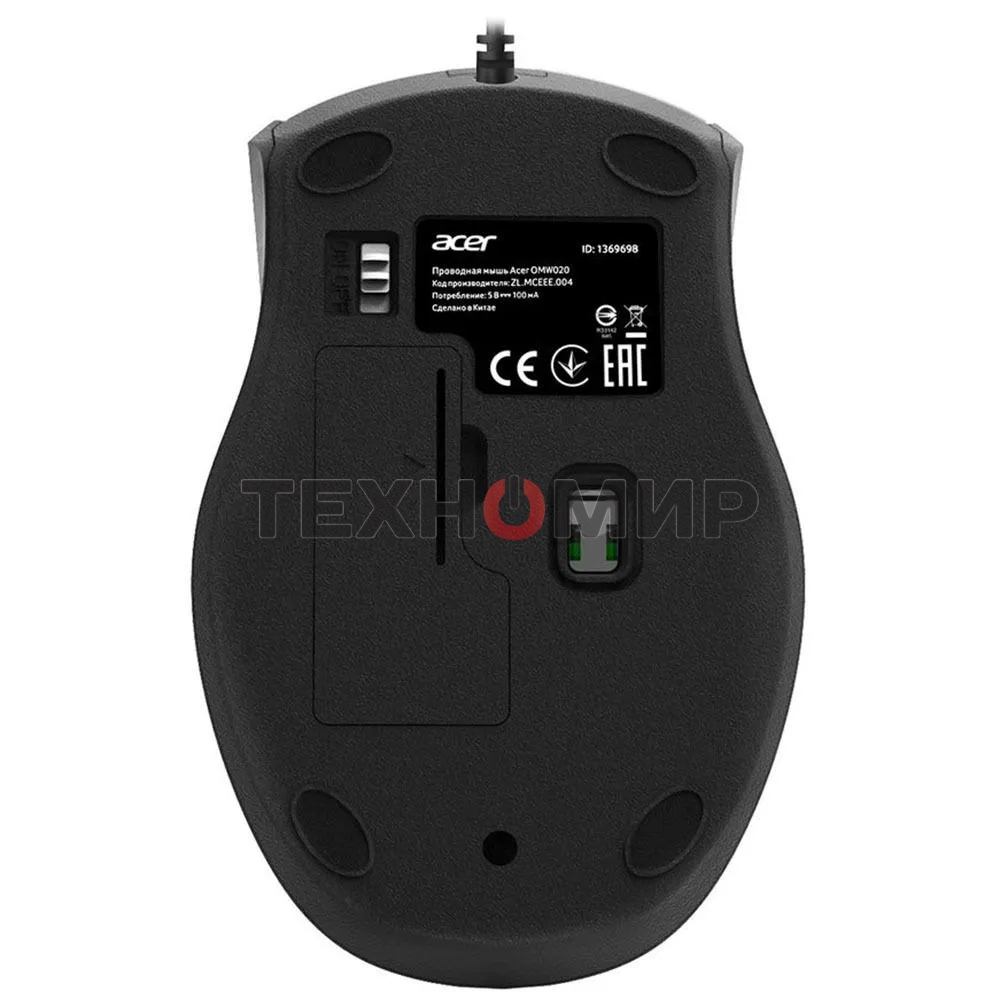 Мышь проводная Acer OMW020 черный, 1600 dpi, USB, кнопки - 4