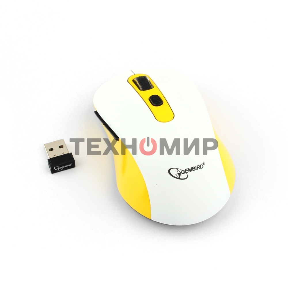 Мышь беспроводная Gembird MUSW-221-Y белый/желтый, 1600 dpi, радиоканал, USB, кнопки - 6