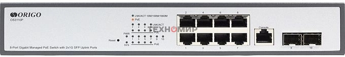 Коммутатор Managed L2 Switch 8x1000Base-T PoE, 2x1000Base-X SFP, PoE Budget 135W, RJ45 Console, 19