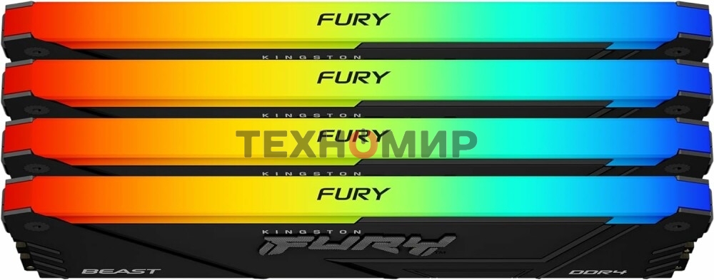 Оперативная память Kingston Fury Beast, DDR4, 32GB (4x8GB), 3600MHz, CL17, DIMM, с радиаторами, RGB, черный