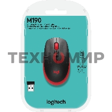 Мышь беспроводная Logitech M190 черный/красный, 1000 dpi, радиоканал, USB, кнопки - 3
