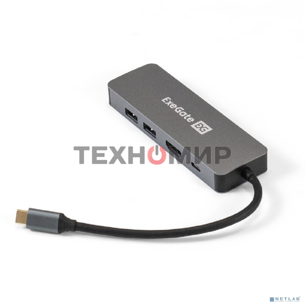 USB-концентратор ExeGate DUB-21C/PD/HL (кабель-адаптер USB Type-C --> 2xUSB3.0 + PD 100W + HDMI 4K@60Hz + Lan RJ45 10/100/1000Mb, Plug&Play, серая)