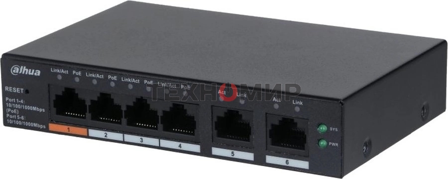 Коммутатор Dahua DH-CS4006-4GT-60 (L2) 4x1 Гбит/с 2xКомбо(1000BASE-T/SFP) 60W управляемый