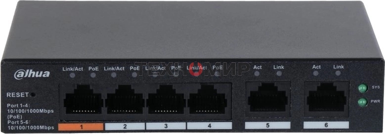 Коммутатор Dahua DH-CS4006-4GT-60 (L2) 4x1 Гбит/с 2xКомбо(1000BASE-T/SFP) 60W управляемый
