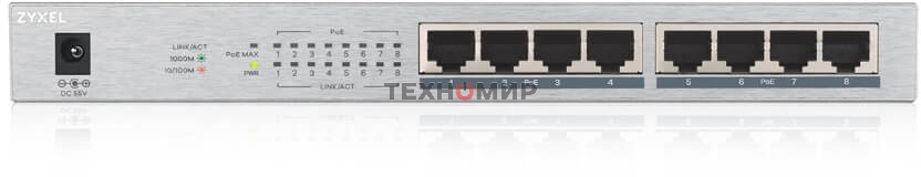 Коммутатор Zyxel GS1008HP Switch PoE +, 8xGE PoE +, tabletop, metal, silent, budget PoE 60 W