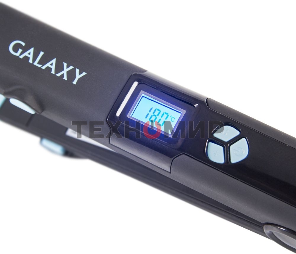 Щипцы для волос Galaxy GL 4505, голубой, 65 Вт, нагревательный элемент с защитой от перегрева, сменные пластины с керамическим покрытием: 89x27,5 мм и 89x57 мм, ЖК-дисплей с индикацией температуры, регулятор температурных режимов, шнур питания, вращающийс