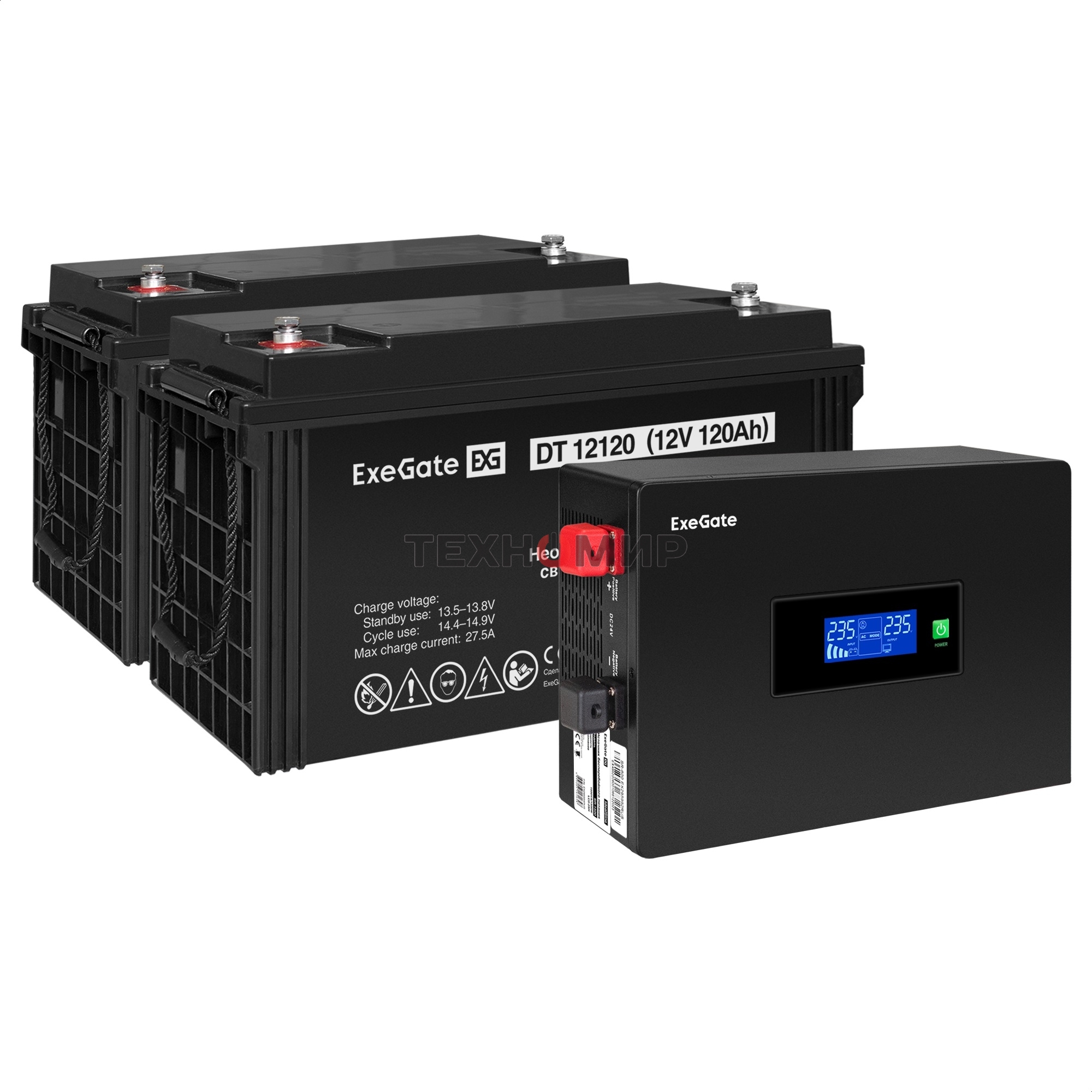 Комплект Источник бесперебойного питания EX295994RUS + батарея 120Aч EX282988RUS 2шт (инвертор, синус, для котла, PF=1, настенный) ExeGate IdealSine SR-1500.LCD.2SH  <1500VA/1500W, чистая синусоида, цветной LCD-дисплей, 2*Schuko, крепление настенное, черн