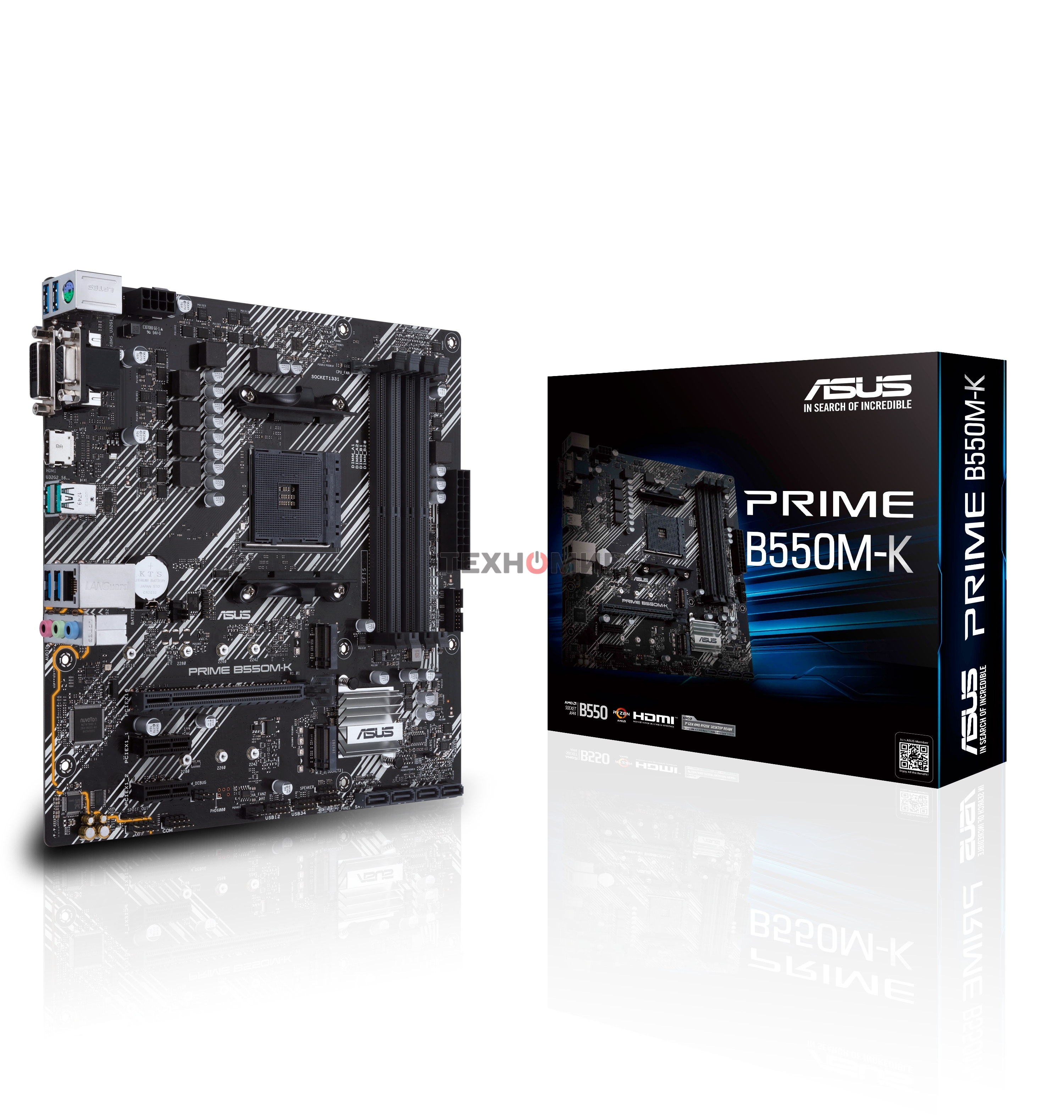 Материнская плата ASUS PRIME B550M-K, AM4, AMD B550, 4xDDR4, 4xSATA, 2xM.2, 1xPCIe 4.0 x16, 2xPCIe x1, 1xDVI-D, 1xHDMI, 1xVGA, 1x 1Gb LAN, 4xUSB 3.2 Gen 1, 2xUSB 3.2 Gen 2, 3x3.5 мм, 7.1, mATX