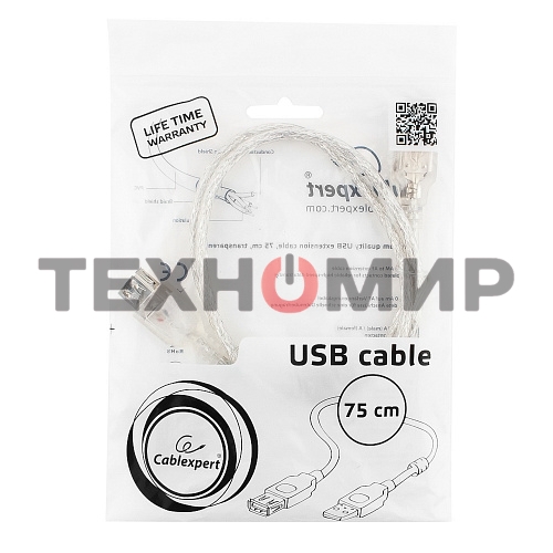 Кабель-удлинитель USB2.0 Pro Cablexpert CCF-USB2-AMAF-TR-0.75M, AM/AF, 0,75м, экран, 2феррит.кольца, прозрачный, пакет