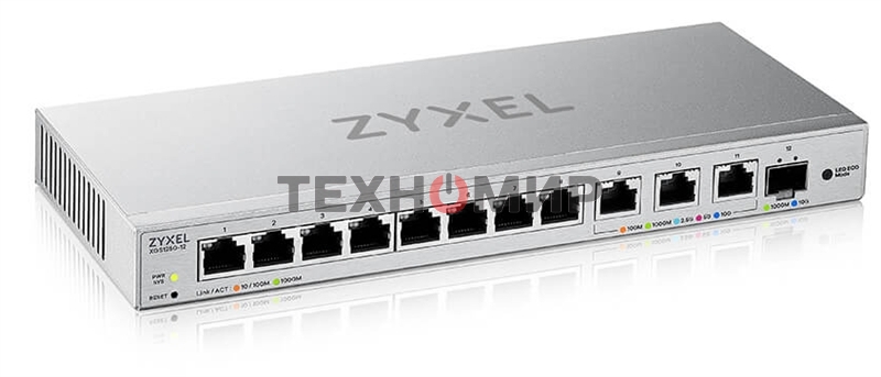 Коммутатор мультигигабитный Smart L2 коммутатор Zyxel XGS1250-12, 8xGE, 3x1/2,5/5/10G, 1xSFP+, кнопка LED ECO Mode, настольный