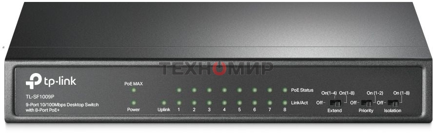 Коммутатор 9-port 10/100Mbps unmanaged switch with 8 PoE+ ports, compliant with 802.3af/at PoE, 65W PoE budget, support 250m Extend Mode, Priority mode and Isolation mode, desktop mount, plug and play.