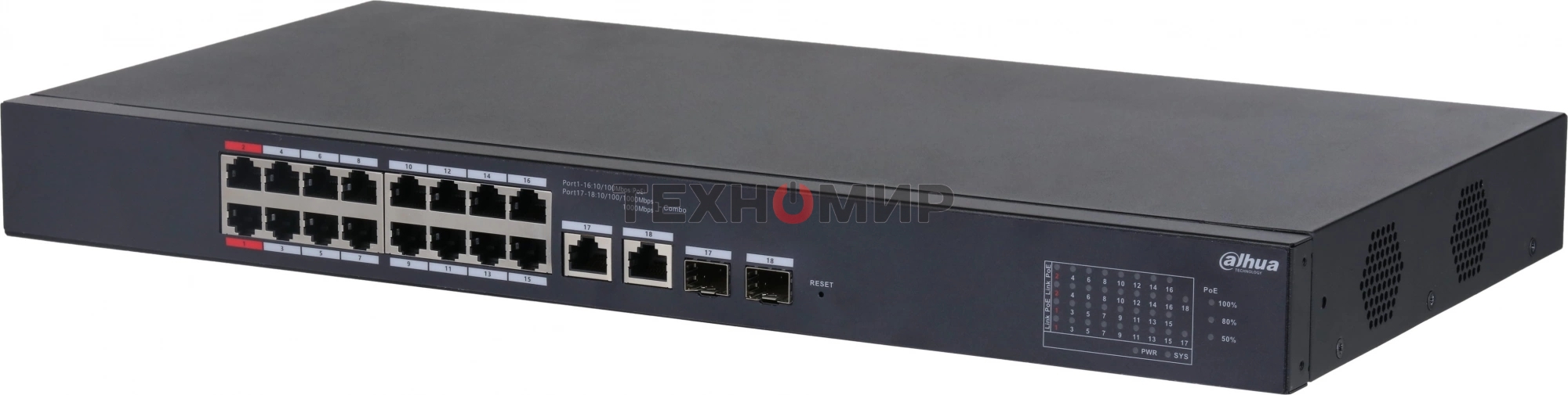 Коммутатор Dahua DH-CS4218-16ET-240 (L2) 16x100 Мбит/с 2xКомбо(1000BASE-T/SFP) 2SFP 16PoE 240W управляемый