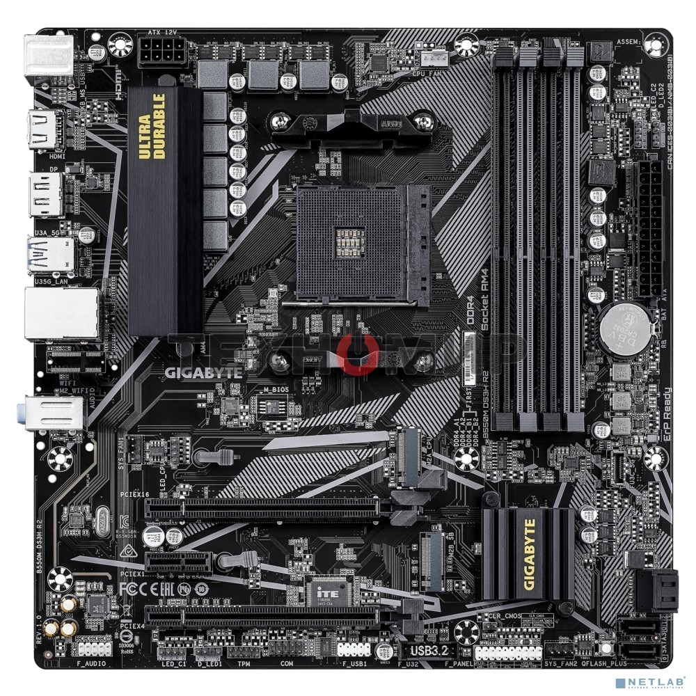 Материнская плата Gigabyte B550M DS3H R2, AM4, AMD B550, 4xDDR4, 4xSATA, 2xM.2, 1xPCIe 4.0 x16, 1xPCIe 3.0 x4, 1xPCIe 3.0 x1, 1xDP, 1xHDMI, 1x1Gb LAN, 4xUSB-A 5Gbps, 2xUSB-A 2.0, 3x3.5 мм, 7.1, mATX