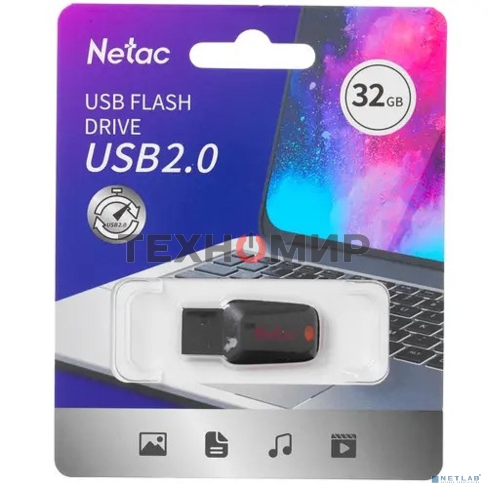 Флешка USB Netac U197 (NT03U197N-032G-20BK), 32Gb, USB 2.0, R/W 25/10, черный/красный