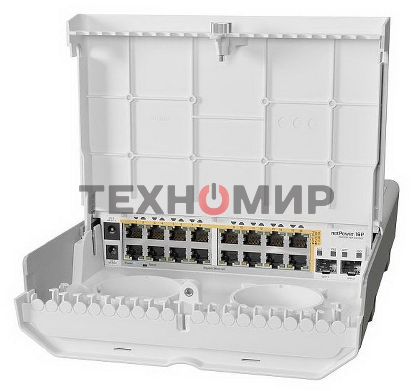 Коммутатор MikroTik Cloud Router Switch 318-16P-2S+OUT with 800MHz CPU, 256MB RAM, 16x Gigabit LAN with PoE-out, 2xSFP+ cages, RouterOS L5 or SwitchOS (dual boot), outdoor enclosure, mounting kit (power supply N