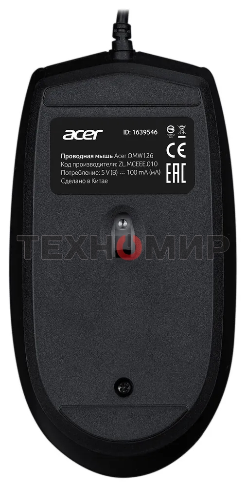 Мышь проводная Acer OMW126 черный, 1200 dpi, USB, кнопки - 3