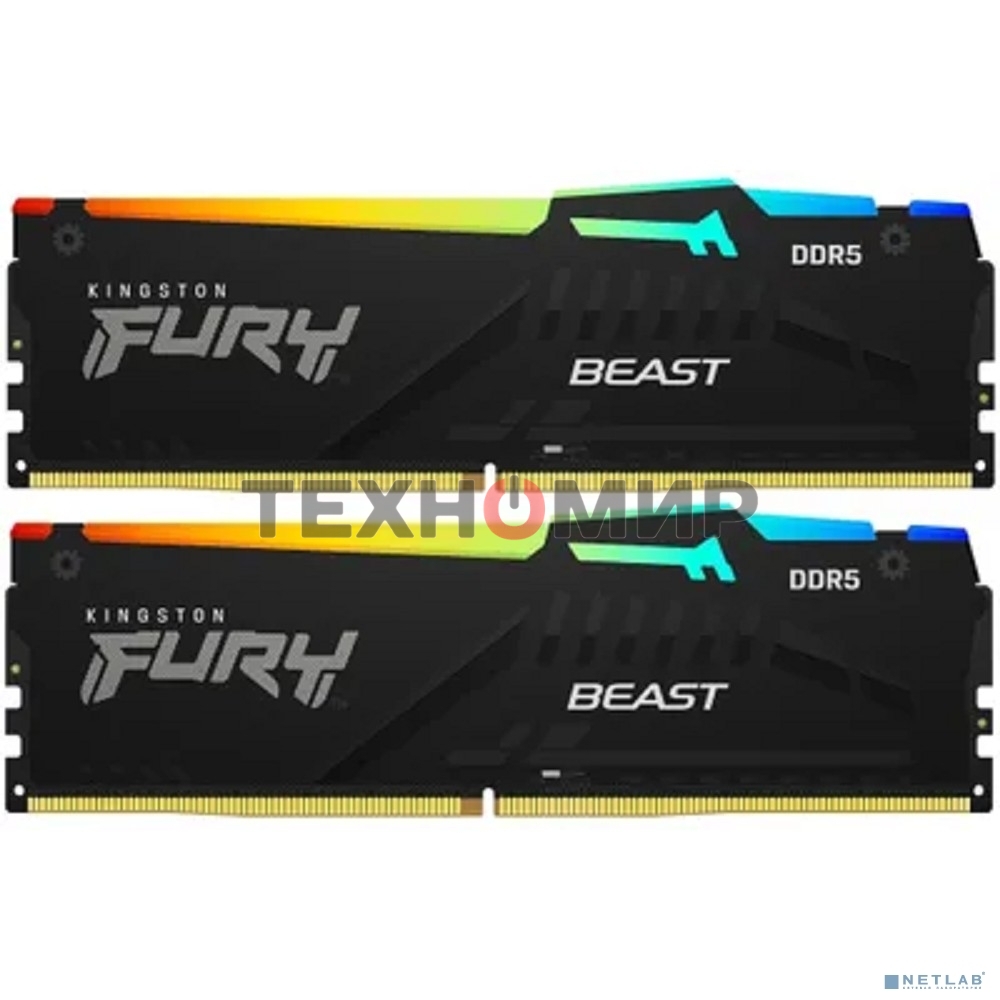 Оперативная память Kingston Fury Beast, DDR5, 16GB (2x8GB), 5200MHz, CL40, DIMM, с радиаторами, RGB, черный