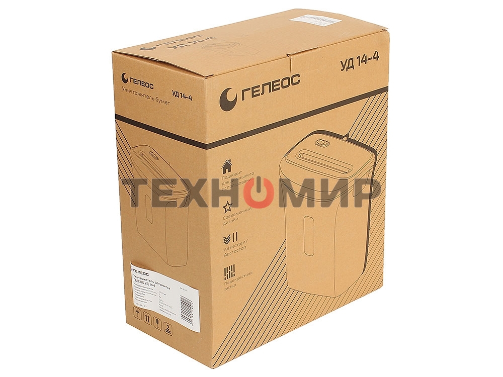 Шредер ГЕЛЕОС УД14-4, (DIN P-4), фрагмент 3,9х30мм, 6-8 лист (70г/м2), скобы, 14 литров 