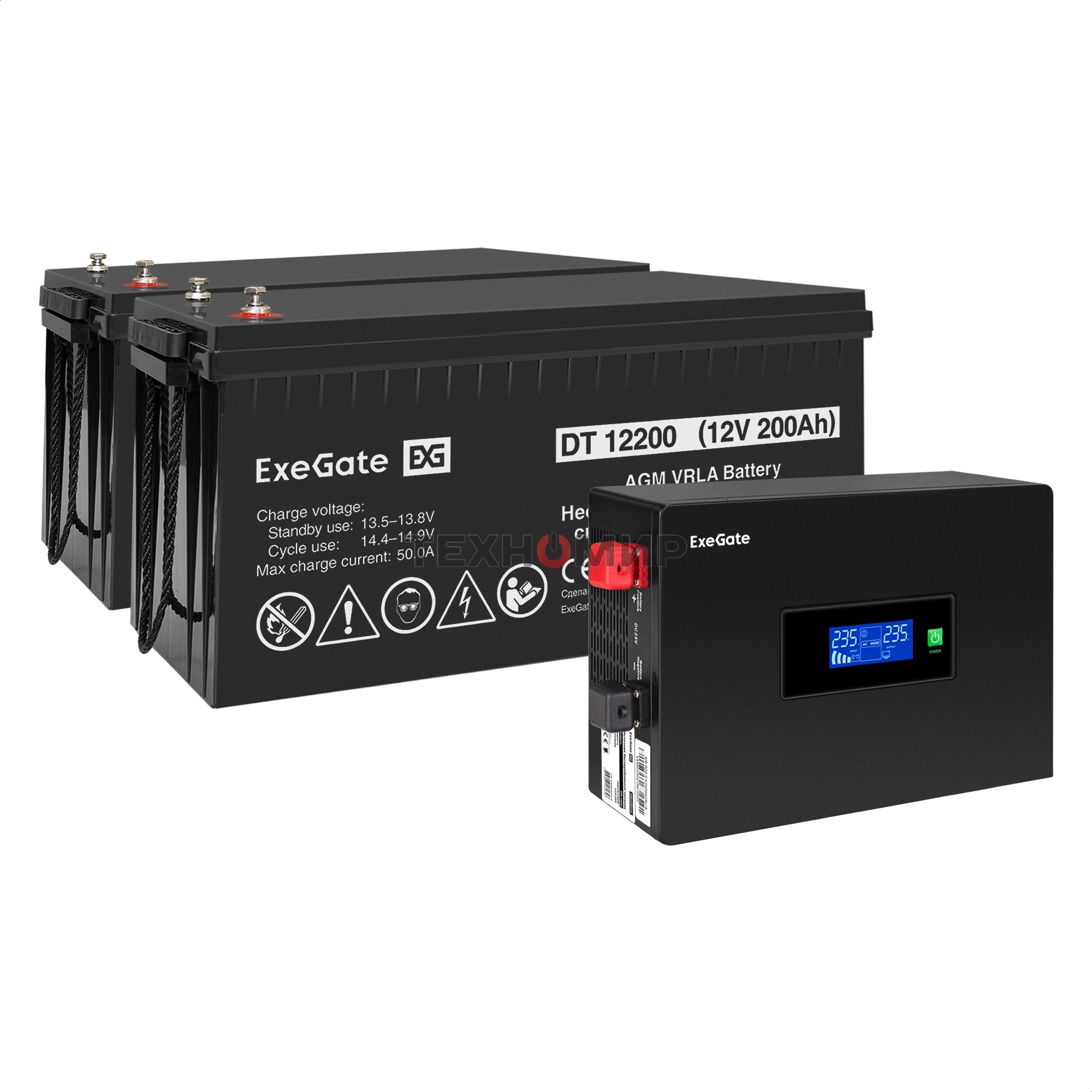 Комплект источника бесперебойного питания Exegate EX295994RUS + батарея 200Aч EX282991RUS 2шт (инвертор, синус, для котла, PF=1, настенный) ExeGate IdealSine SR-1500.LCD.2SH  1500VA/1500W, чистая синусоида, цветной LCD-дисплей, 2*Schuko, крепление настенн