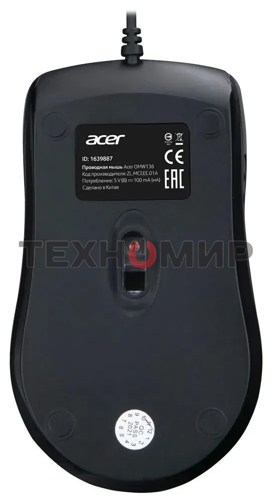 Мышь проводная Acer OMW136 черный, 1200 dpi, USB, кнопки - 3