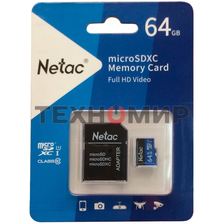 Флеш карта microSDHC 64Gb Netac P500 NT02P500STN-064G-R (с SD адаптером) 80Mb/s