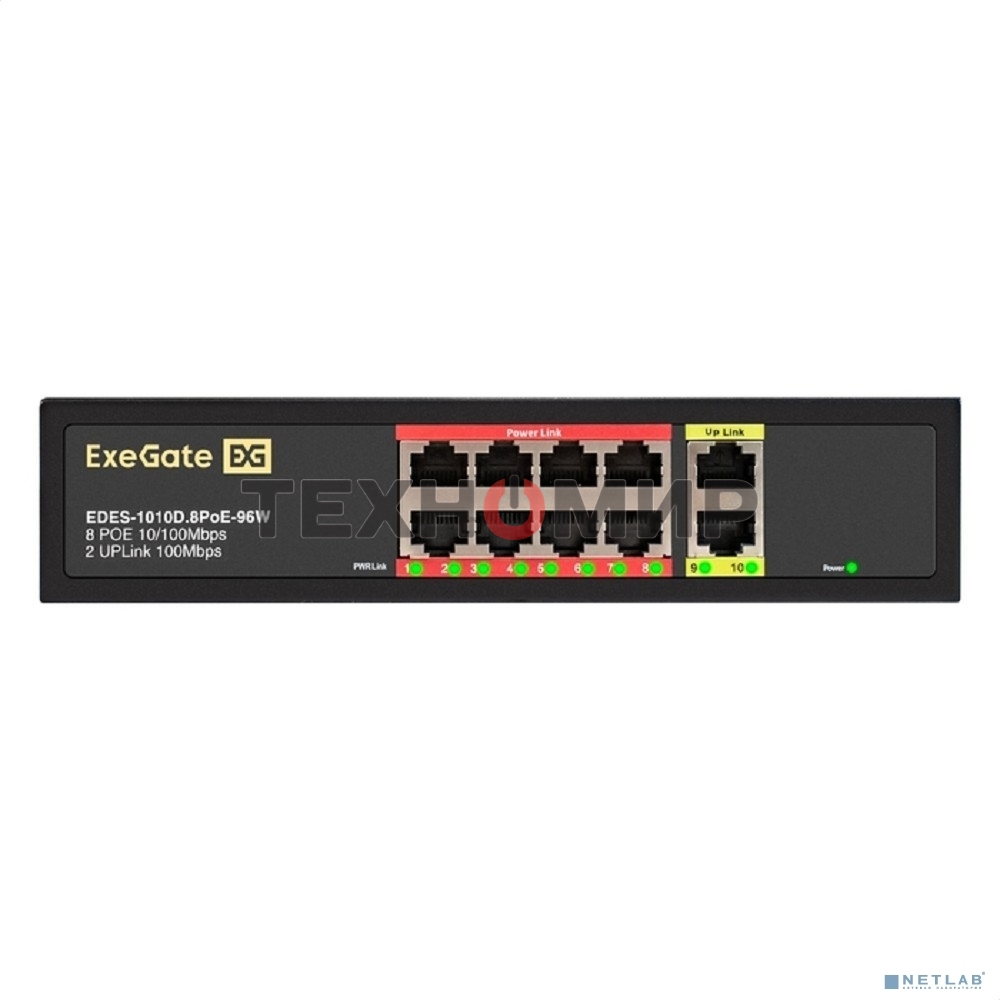 Коммутатор неуправляемый ExeGate EDES-1010D.8PoE-96W (10-портовый UTP 10/100 Base-Tx: 8 портов IEEE 802.3af (PoE), мощность PoE: 25W, суммарно 96W, 2 порта RJ45 uplink, настенный/настольный, металлический корпус)