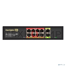 Коммутатор неуправляемый ExeGate EDES-1010D.8PoE-96W (10-портовый UTP 10/100 Base-Tx: 8 портов IEEE 802.3af (PoE), мощность PoE: 25W, суммарно 96W, 2 порта RJ45 uplink, настенный/настольный, металлический корпус)