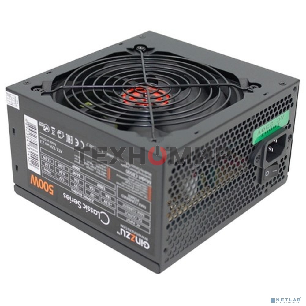 Блок питания Ginzzu CB500 12CM черный,24+4p,PCI-E, 4*SATA, 3*IDE,оплетка MB, кабель питания