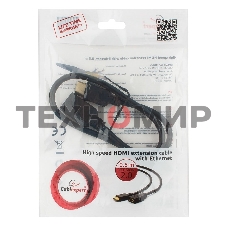 Кабель-удлинитель HDMI Cablexpert CC-HDMI4X-0.5M, 19M/19F, v2.0, позол.разъемы, экран, 0.5м, черный, пакет