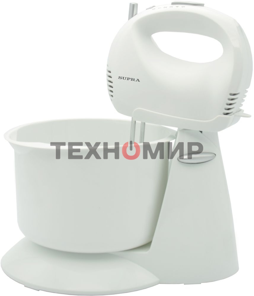 Миксер SUPRA MXS-530 с чашей. 500 Вт. Режим Турбо. 5 скоростей. Две насадки: для взбивания яиц и крема и для замеса тяжелого теста. белый