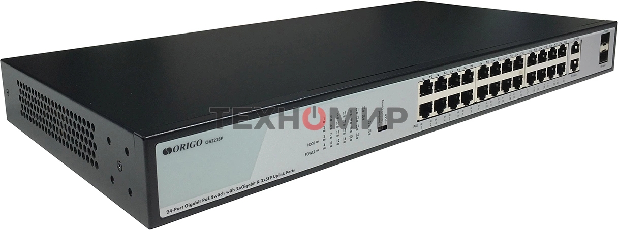 Коммутатор Origo OS2228P/370W OS2228P/370W/B1A (L2) 26x1 Гбит/с 2SFP 24PoE+ 370W неуправляемый