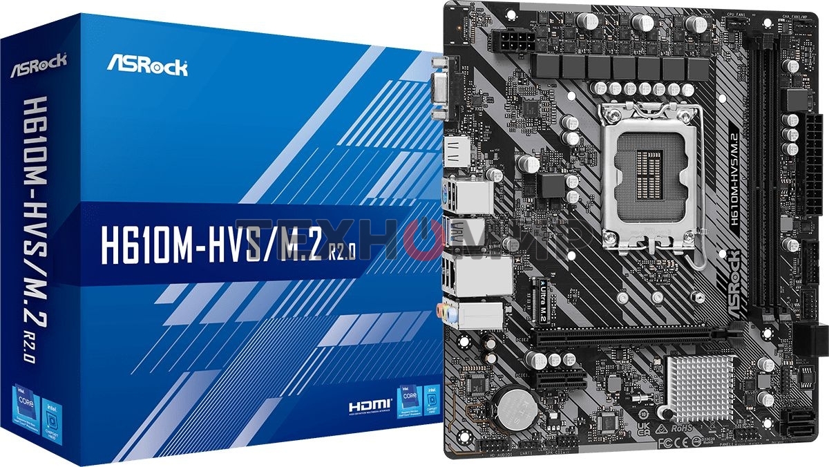 Материнская плата ASRock H610M-HVS/M.2 R2.0, LGA 1700, Intel H610, 2xDDR4, 4xSATA, 1xM.2, 1xPCIe 4.0 x16, 1xPCIe x1, 1xHDMI, 1xVGA, 1x 1Gb LAN, 4xUSB-A 2.0, 2xUSB-A 3.2 Gen 1, 3x3.5 мм, 7.1, mATX