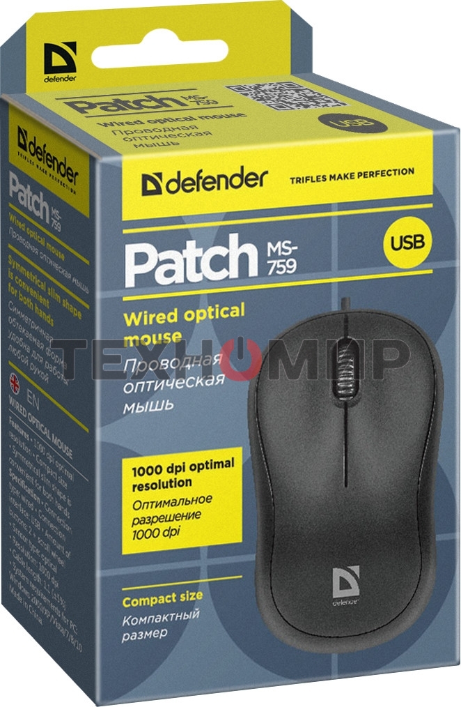 Мышь проводная Defender Patch MS-759 черный, 1000 dpi, USB, кнопки - 3