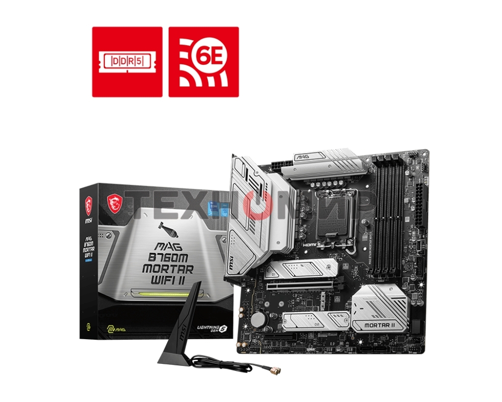 Материнская плата MSI MAG B760M MORTAR WIFI II, LGA 1700, Intel B760, 4xDDR5, 4xSATA, 3xM.2, 1xPCIe 5.0 x16, 1xPCIe 4.0 x4, 1xHDMI, 1xDP, 1xUSB Type-C, 1x2.5Gb LAN, 3xUSB-A 2.0, 3xUSB-A 3.2 Gen 2, 5x3.5 мм, 7.1, mATX