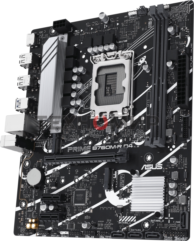 Материнская плата ASUS PRIME B760M-R D4, LGA 1700, Intel B760, 2xDDR4, 4xSATA, 2xM.2, 1xPCIe 4.0 x16, 1xPCIe x1, 1xHDMI, 1x 2.5Gb LAN, 4xUSB-A 2.0, 4xUSB-A 3.2 Gen 1, 3x3.5 мм, 7.1, mATX