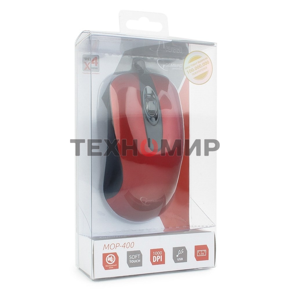 Мышь проводная Gembird MOP-400-R красный, 1000 dpi, USB, кнопки - 3