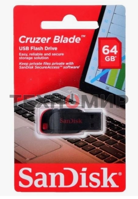 Флешка USB Sandisk CZ50 Cruzer Blade (SDCZ50-064G-B35), 64Gb, USB 2.0, R/W 15/4, черный/красный