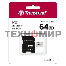 Флеш карта Micro SecureDigital 64Gb Transcend Class 10 TS64GUSD300S-A MicroSDXC Class 10 UHS-I, SD adapter