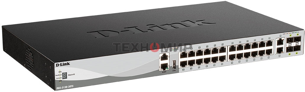 Коммутатор управляемый L3 стекируемый D-Link DGS-3130-30TS/B1A с 24 портами 10/100/1000Base-T, 2 портами 10GBase-T и 4 портами 10GBase-X SFP+
