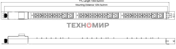 Блок распределения питания Powercom PDU-32AV24-18C3-6C9-3P верт.размещ. 18xC13 6xC19 3x32A IEC 60309 2м