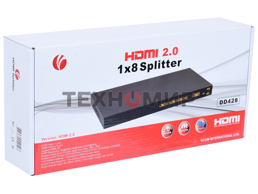 Разветвитель VCOM HDMI Spliitter 1=>8 2.0v