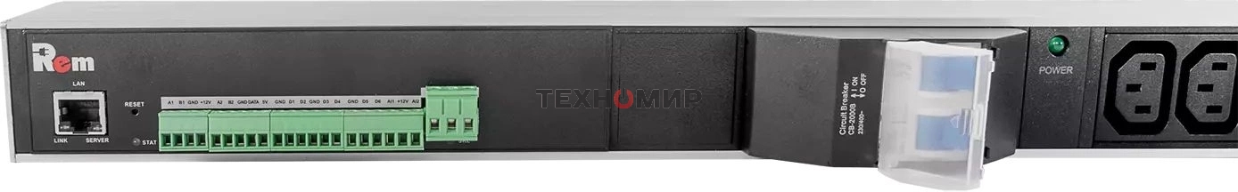 Блок силовых розеток Rem, IEC 60320 С13 х 12, IEC 60320 С19 х 8, вход колодка, 1863х45х60 мм (ВхШхГ), 32А, автомат, алюминий, с мониторингом